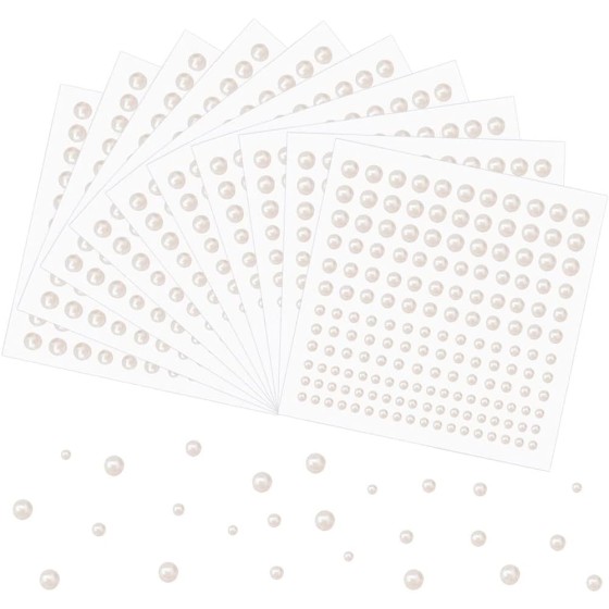Pearl Stickers for Crafts Self Adhesive Face Pearl Sticker Gems Hair Pearls Stick On 1980Pcs Pearls Beads for Face, Makeup, Earrings, Nail, 3mm/4mm/5mm/6mm (White)