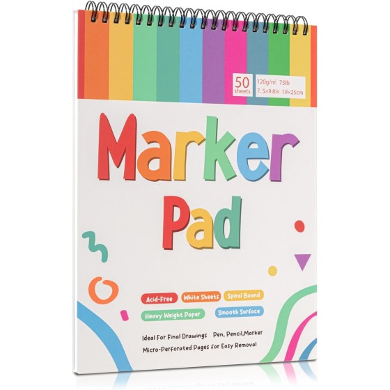 2 Pack 50 Sheets Marker Paper Pad, 7.5×9.8 Inch Bleedproof Art Sketch Pad, 73lb/120gsm Drawing Paper Spiral Sketch Book, Painting Coloring Alcohol Marker Paper for Beginners, Artists, Gift