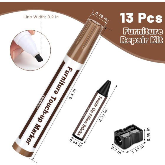 Furniture Repair Kit Wood Markers, 17 Pcs Marker Set and Wax Sticks with Sharpener, 8 Colors