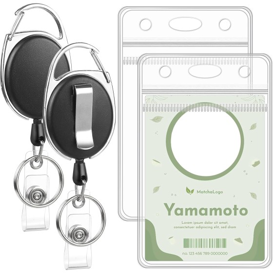 Set ID Badge Holder with Badge Reels Retractable Clip, Clear Vertical PVC Card Sleeve and Oval Reel Set for Work Office Nurse Teacher Student Name Tags Access Cards