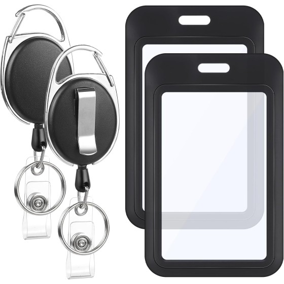 Badge Holder Retractable Clip Set Black Hard Dual Sided ID Card Case with Clear Windows Oval Reel for Office School Nurse Staff Access Cards