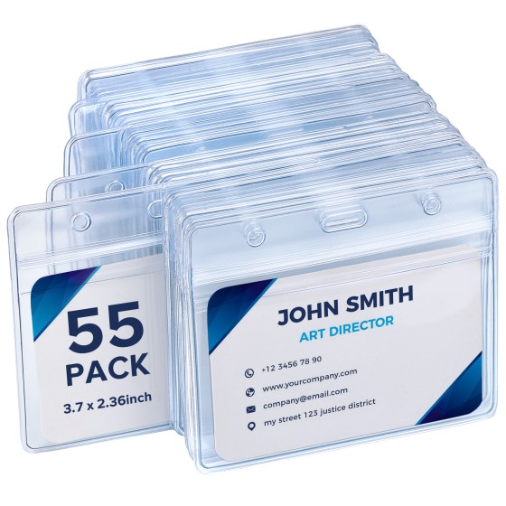 Hapric 55 Pack Extra Thick Horizontal Badge Holder Plastic Clear ID Card Holder with Resealable Zip Waterproof Name Tag Holders