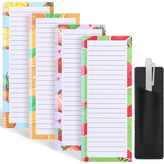 4 Pack Magnet Pad Magnetic Shopping List Pad Full Back Magnetic Force With Pen Holder, 200 Sheets Fruit Pattern Notepads for School, Home, Office and Grocery Store Fridge Use