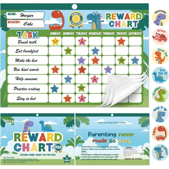 Reward Chart for Kids Dinosaur Paper Behavior and Chore Chart Pad for Boys Girls Home Classroom Positive Habits Goal Routine Planner
