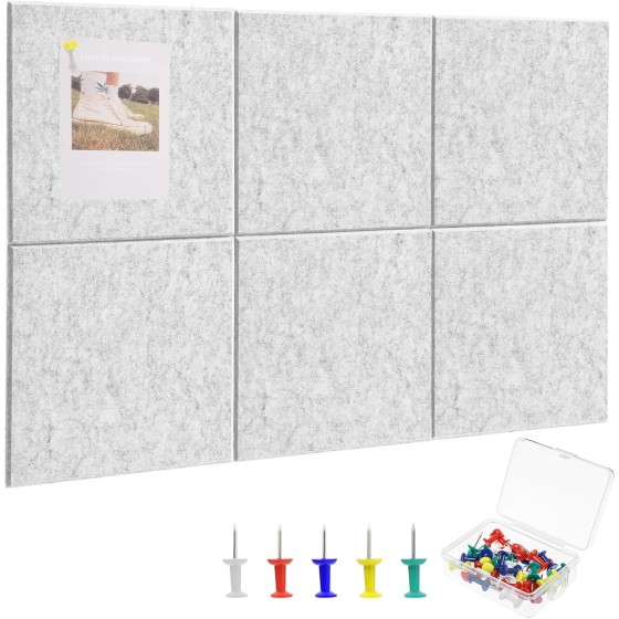 Large Cork Board 36" x 24", 6 Pack Felt Wall Tiles with Colored Pushpins, Bulletin Board with Removable Self-Adhesive Strips, Pin Board Cork Boards for Walls Office Home-Light Gray
