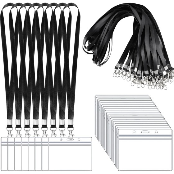 200 Pack Black Buckle Lanyard Card Sleeve Set for ID Badges Name Tags Conference Office School Event Clear Badge Holder with Detachable Clip Black