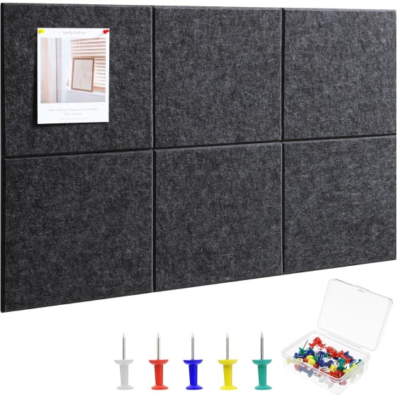 Hapric Large Cork Board 36" x 24", 6 Pack Black Felt Wall Tiles with 30 Pcs Pushpins for Walls Office