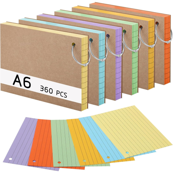 360 Pack Index Cards Flash Cards with Binding Ring, Assorted Colors